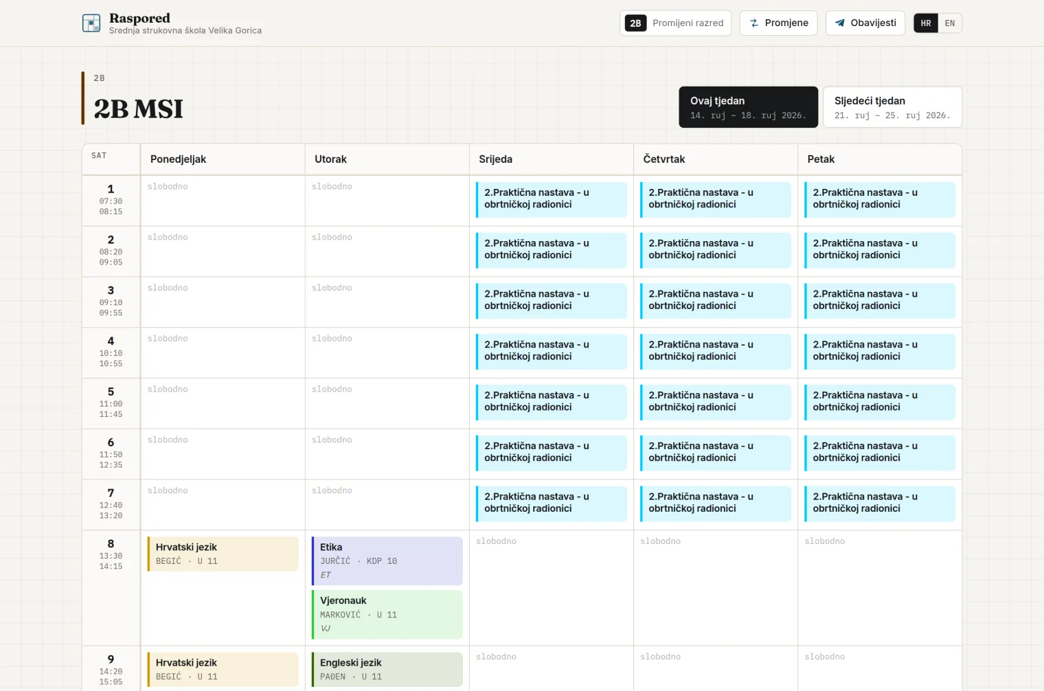 Screenshot: Velika Gorica vocational school timetable